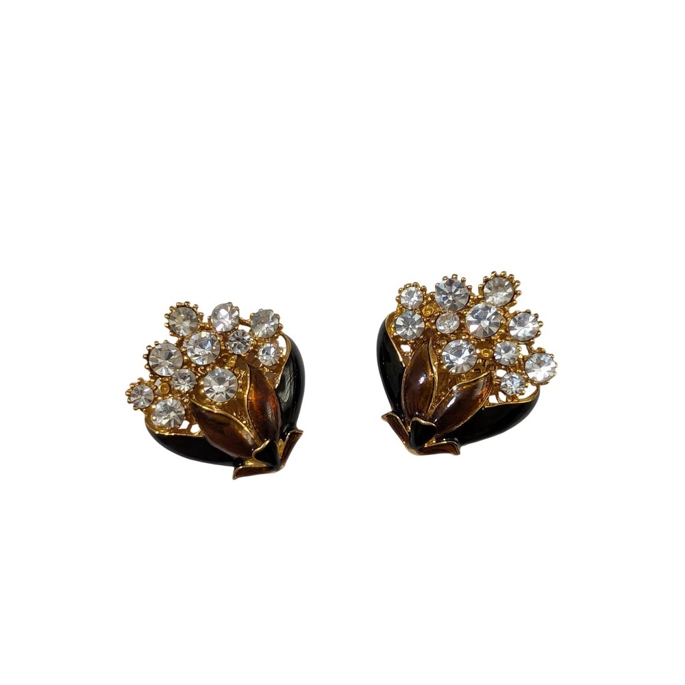 Lancetti Italy Vintage Clip On Earrings Gold Tone Enamel Rhinestone Floral